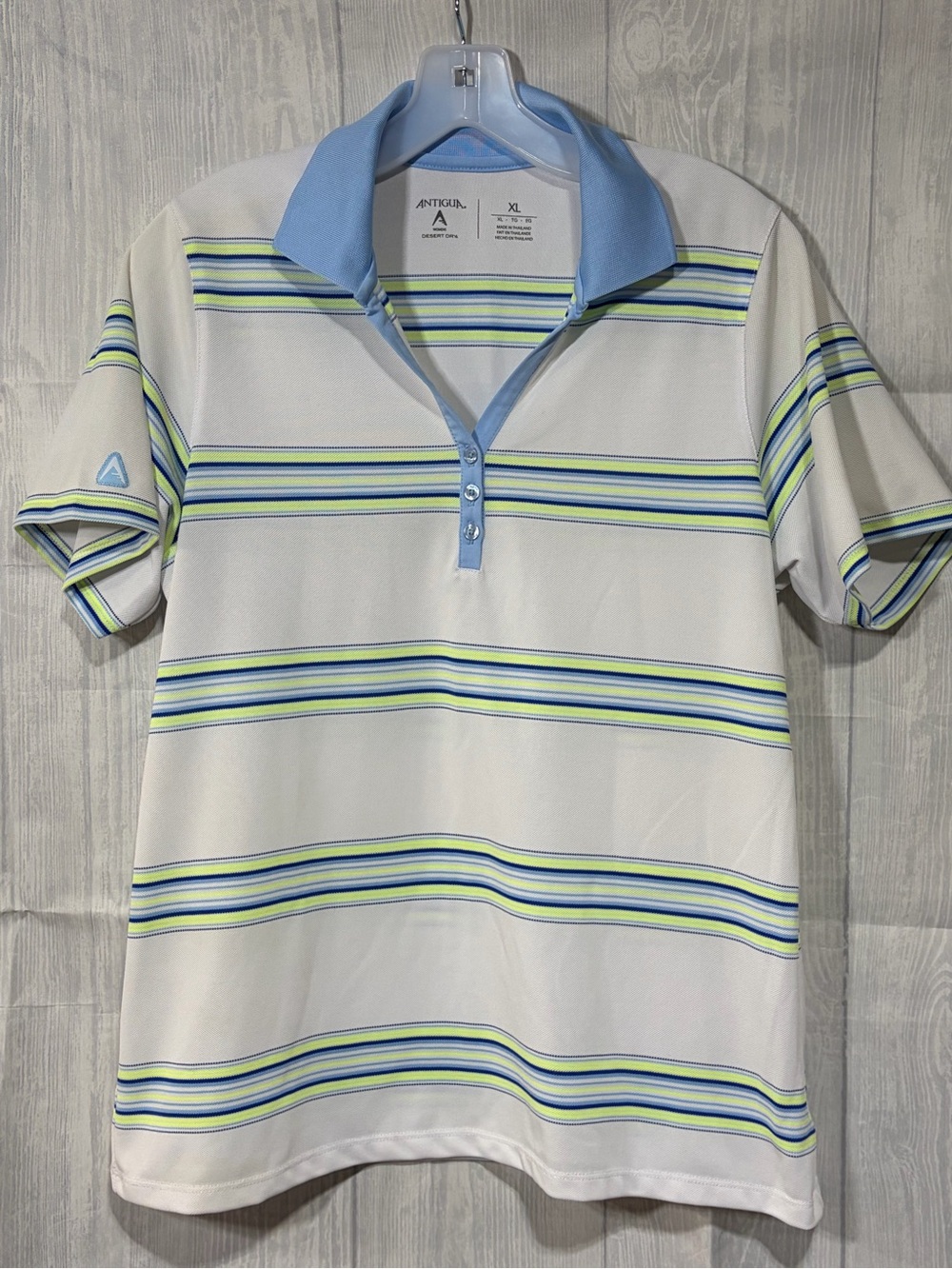 Women’s Antigua White Polo with Light Blue Collar and Blue/Green Stripes